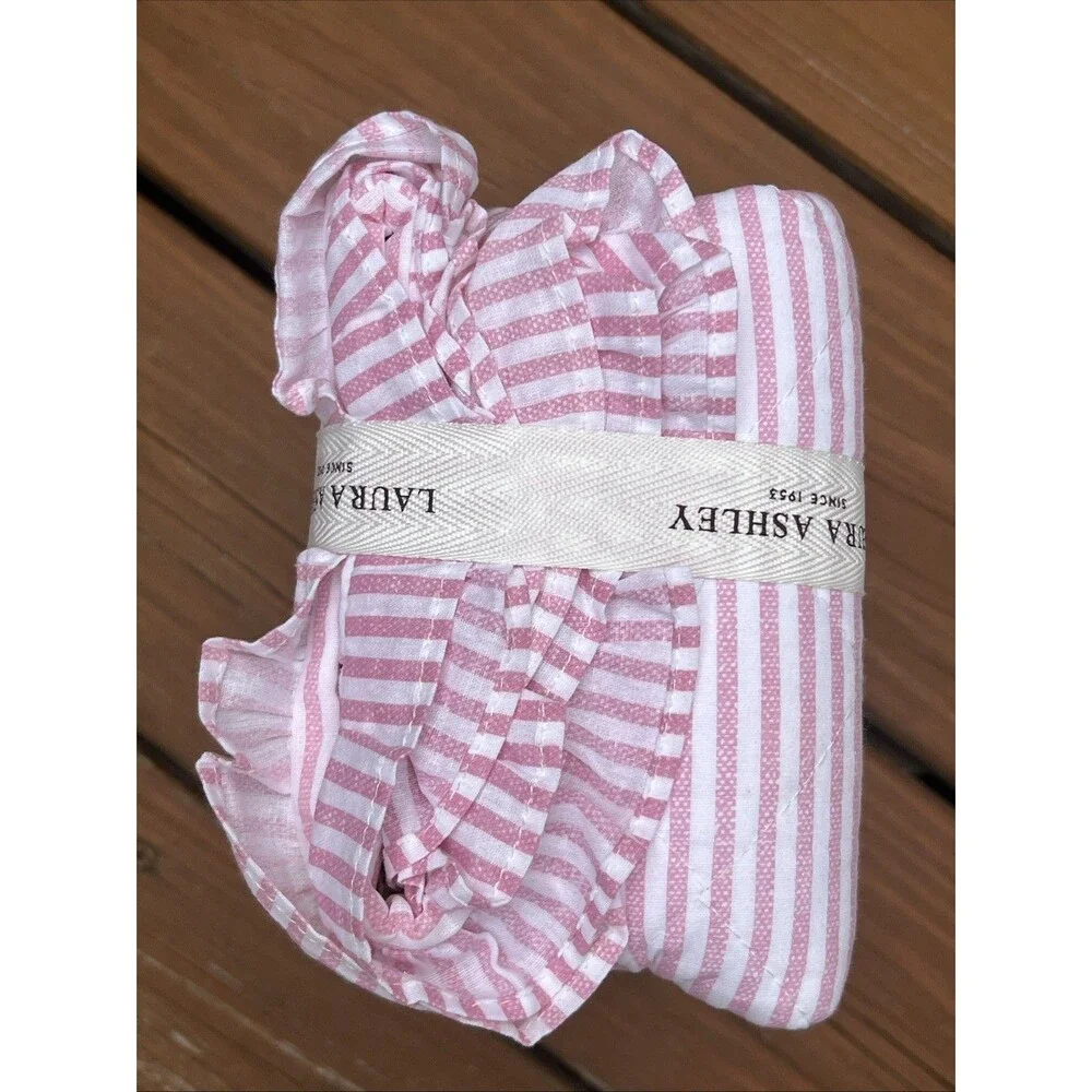 Laura Ashley Oxford Stripe Pink Cotton Sham Pair Standard Pillow Ruffle Trim New